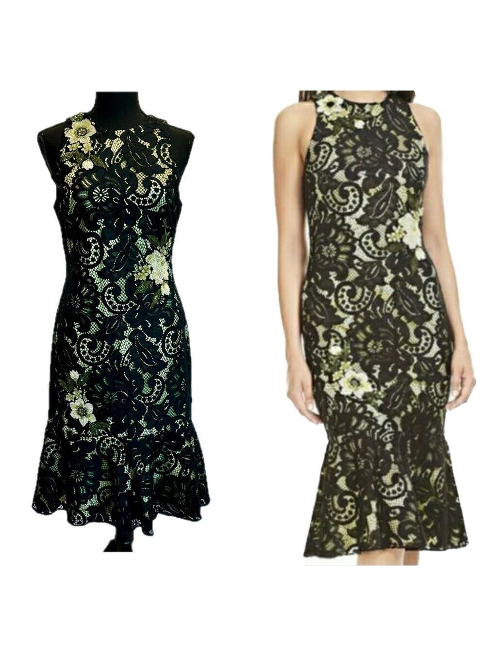 Theia black lace green sequin beaded floral appliqué sleeveless ruffle dress 6